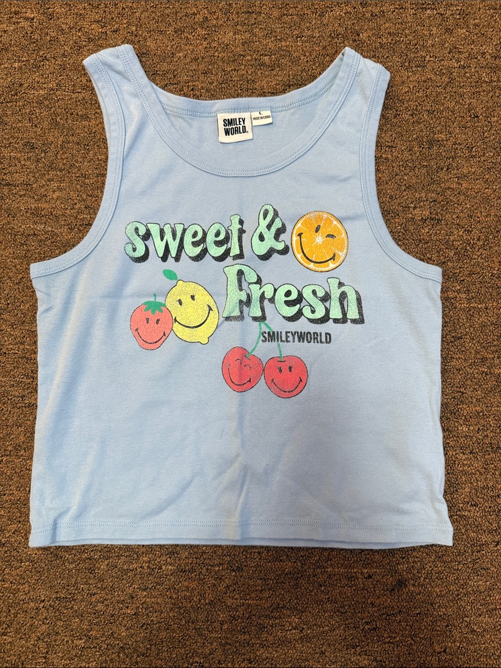 SMILEYWORLD Light Blue "Sweet & Fresh" Graphic Crop Tank